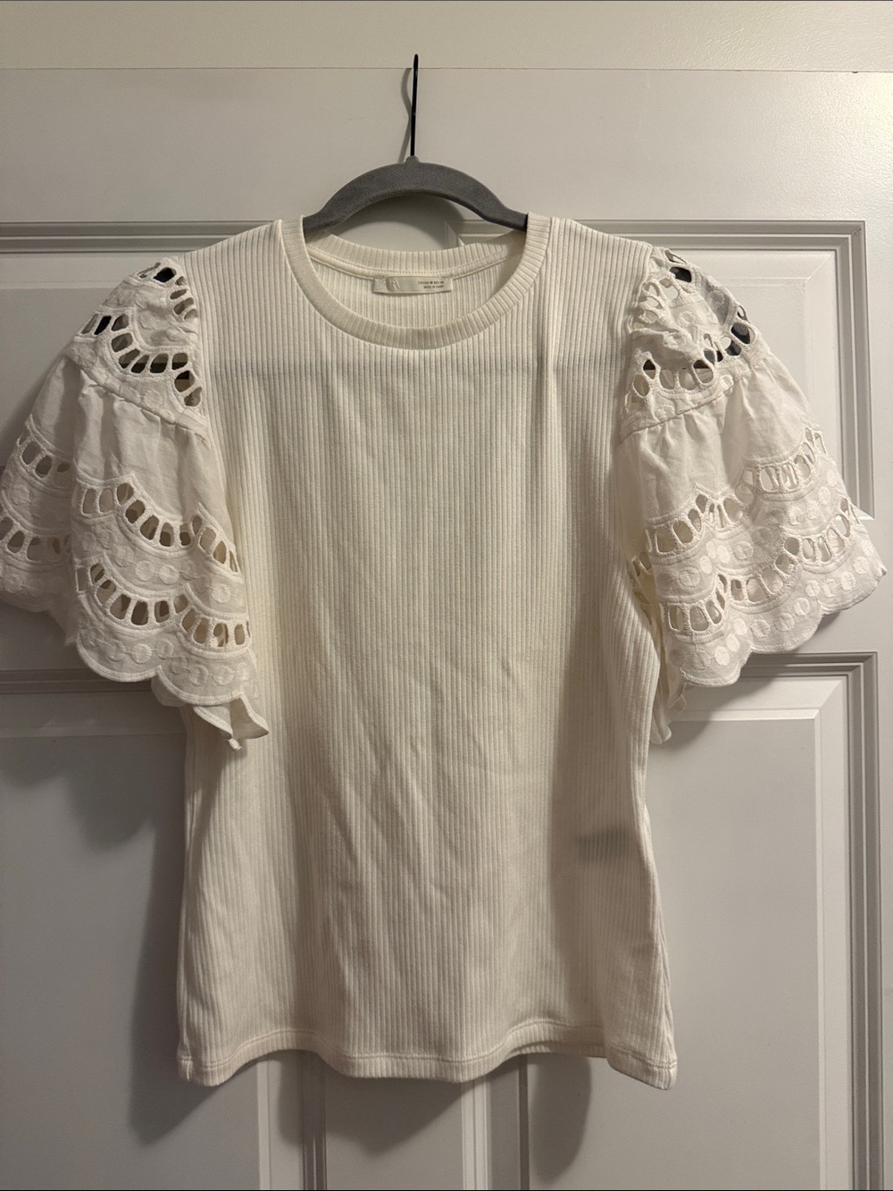 Zara Cream Ribbed Top with Eyelet Puff Sleeves